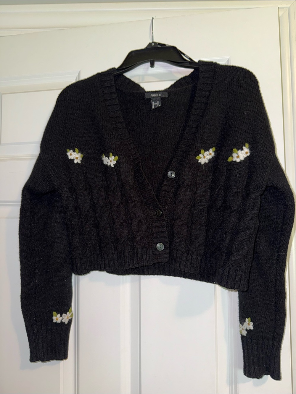 Forever 21 Black Cropped Cable-Knit Cardigan with White Floral Embroidery